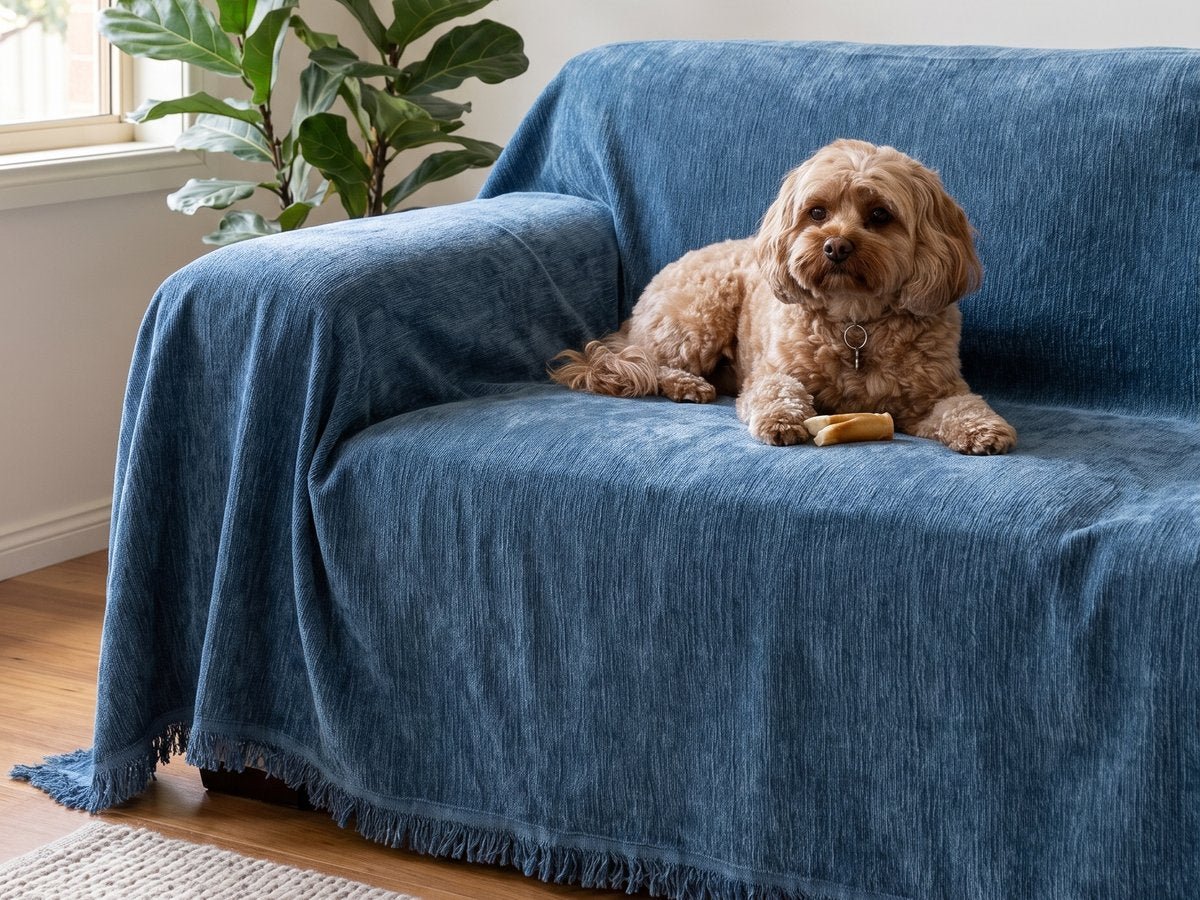 Dog resting on a couch covered with a blue CouchCare protector