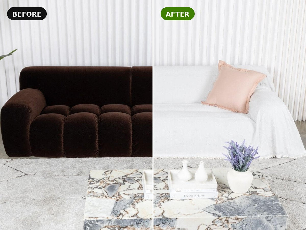 Before: brown velvet couch. After: the same setting with a white CouchCare protector